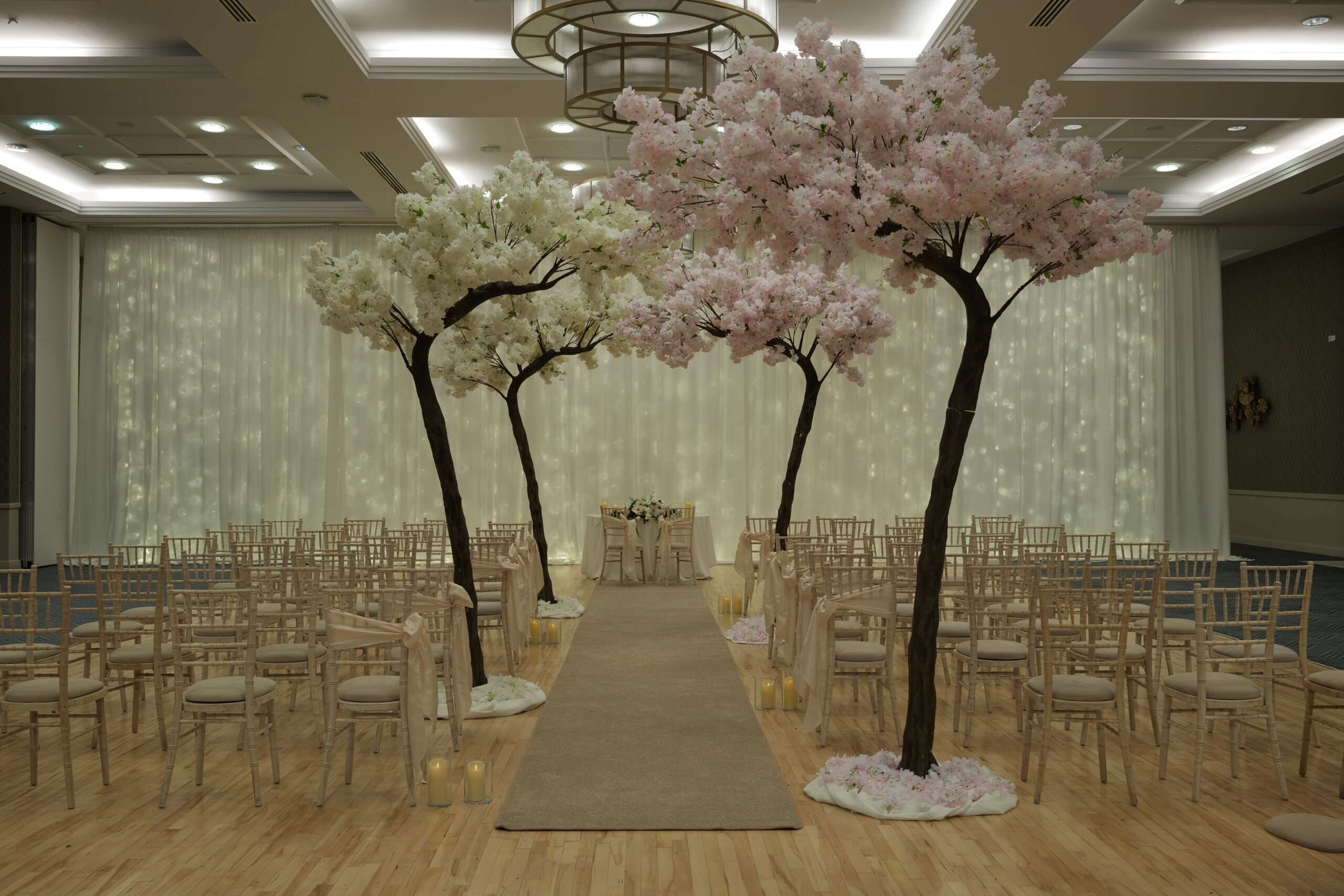 Civil-Ceremony-Aisle-Ivory-&-Pink-Cherry-Blossom-Arches-Candles-Ivory-Carpet-Fairways-Hotel-Dundalk-Co-Louth